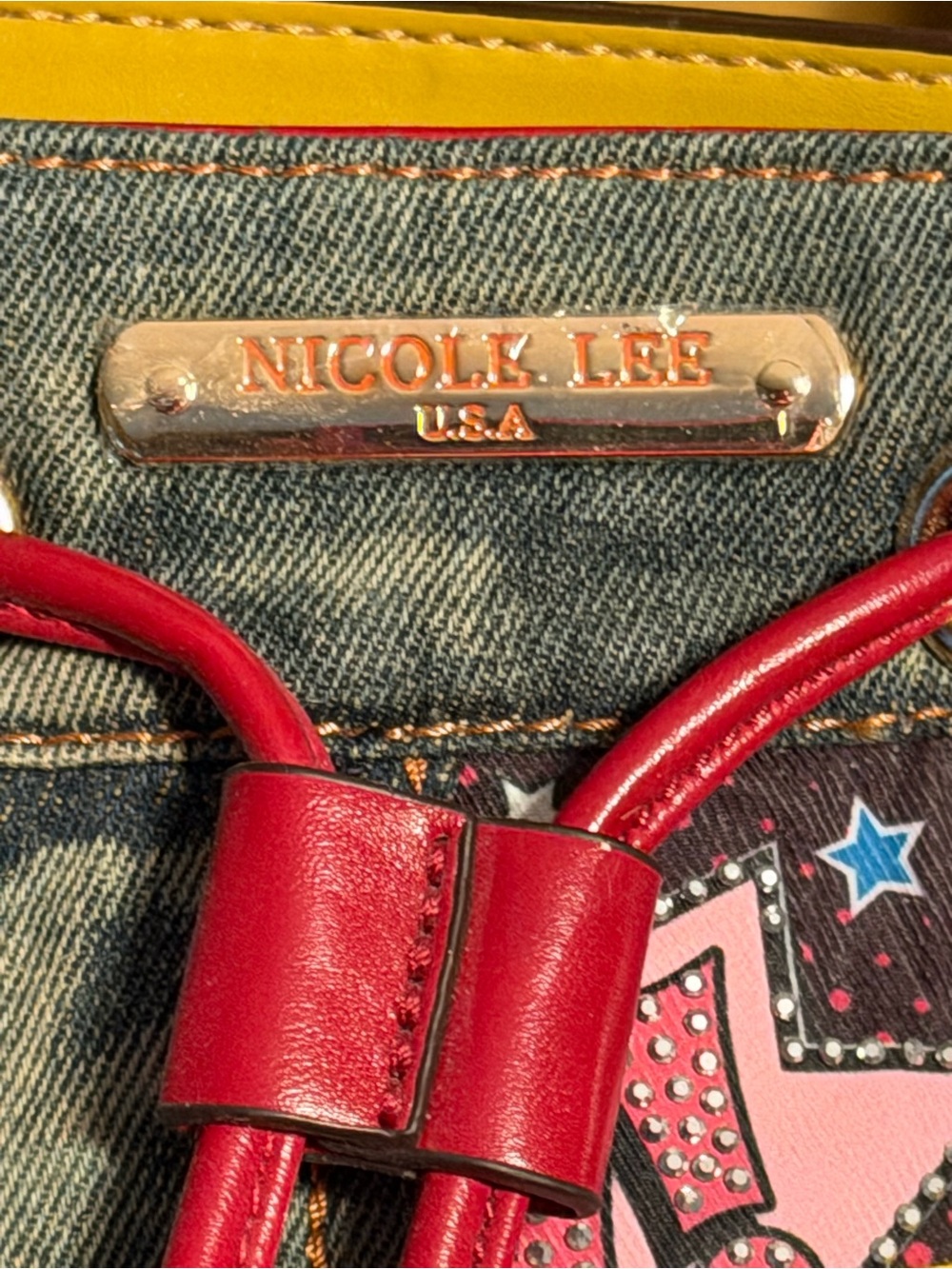 Nicole Lee Pre-Loved Fun Denim Retro Bling Pop-Art Tote with Red Handles (P248) - Picture 10 of 12